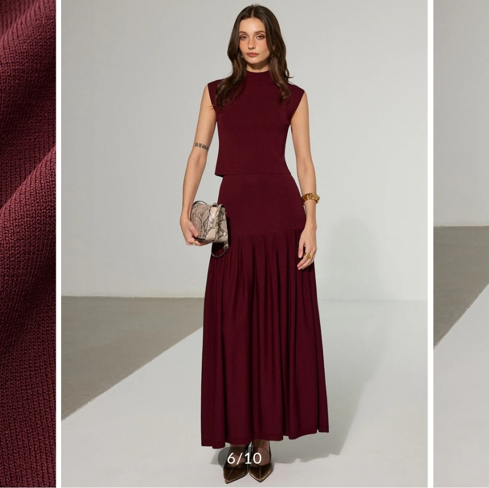 NWT Commense Mock Neck Sleeveless Top and Pleated Midi Skirt Set Red Burgundy S - Picture 4 of 6